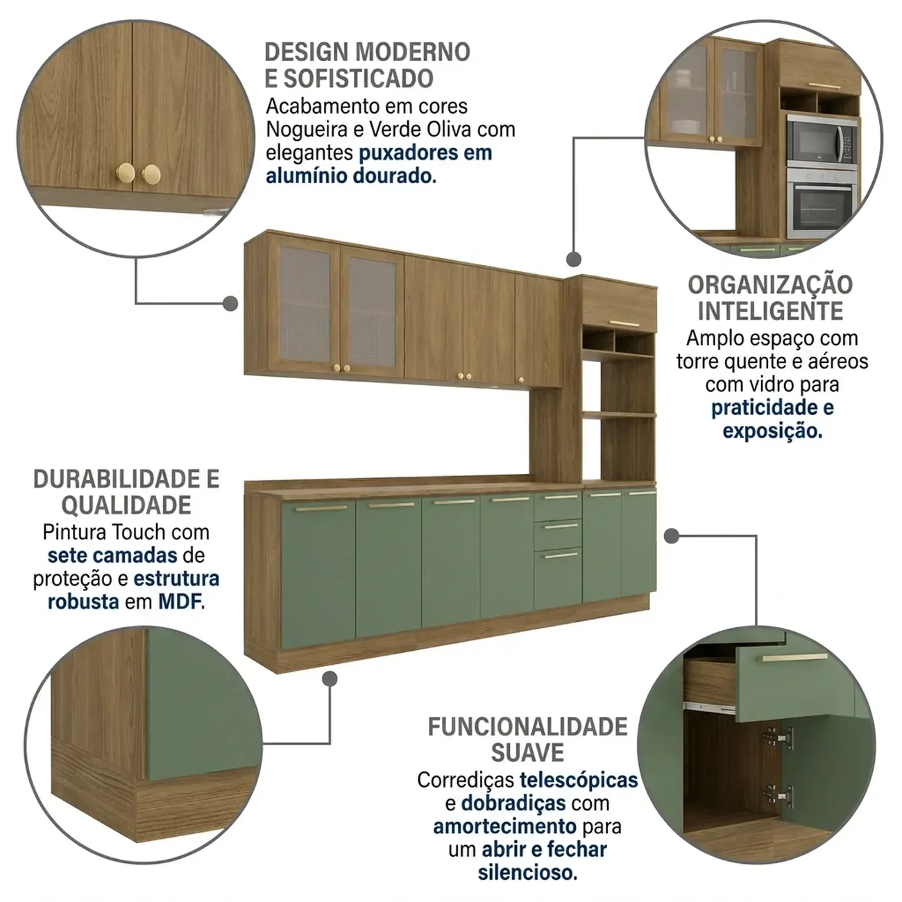Ver imagem 5 de Cozinha Compacta Modulada 5 Peças com Tampo e Torre Quente Botanic Verde/Nogueira/Oliva