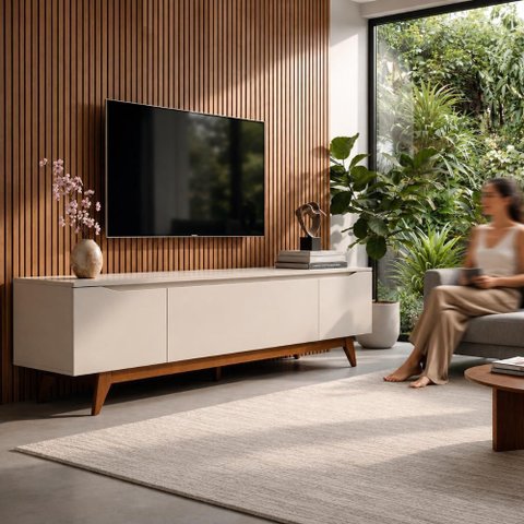 Rack para TV até 75 Polegadas 184cm Pés em Madeira Maciça Flynt Off White/Natural