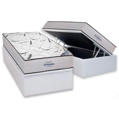 Cama Box Baú Solteiro: Colchão Espuma Ortobom High Foam + Base CRC Courano White(88x188)