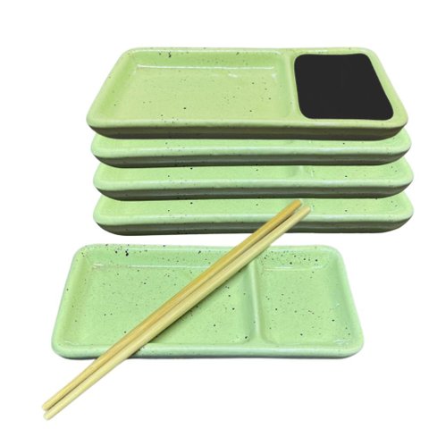 Kit 20 Pratos Oriental Sushi com Divisória para Shoyu Porcelana Verde Comida Japonesa