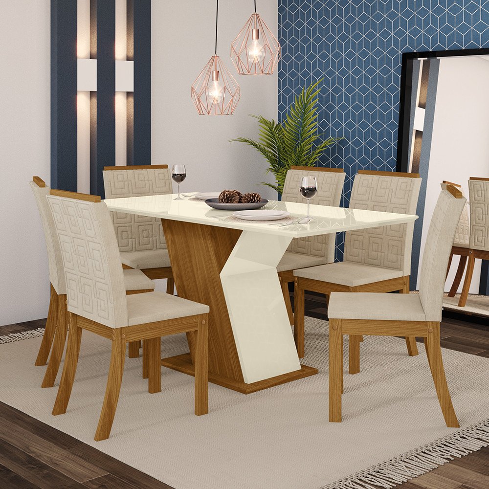 Conjunto Sala de Jantar Mesa 160 Cm Tampo MDF com Vidro 6 Cadeiras