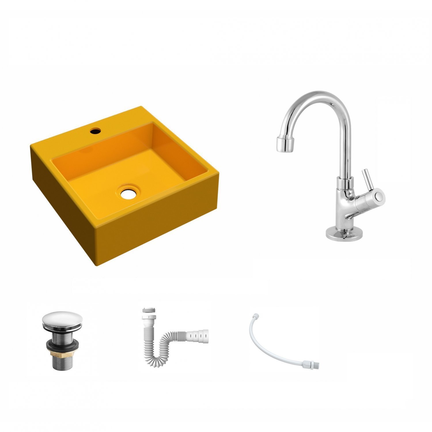 Kit Cuba Q355 com Torneira 1198 Metal e Válvula Click 1"G e Sifão Pvc e Flexível Compace - 2