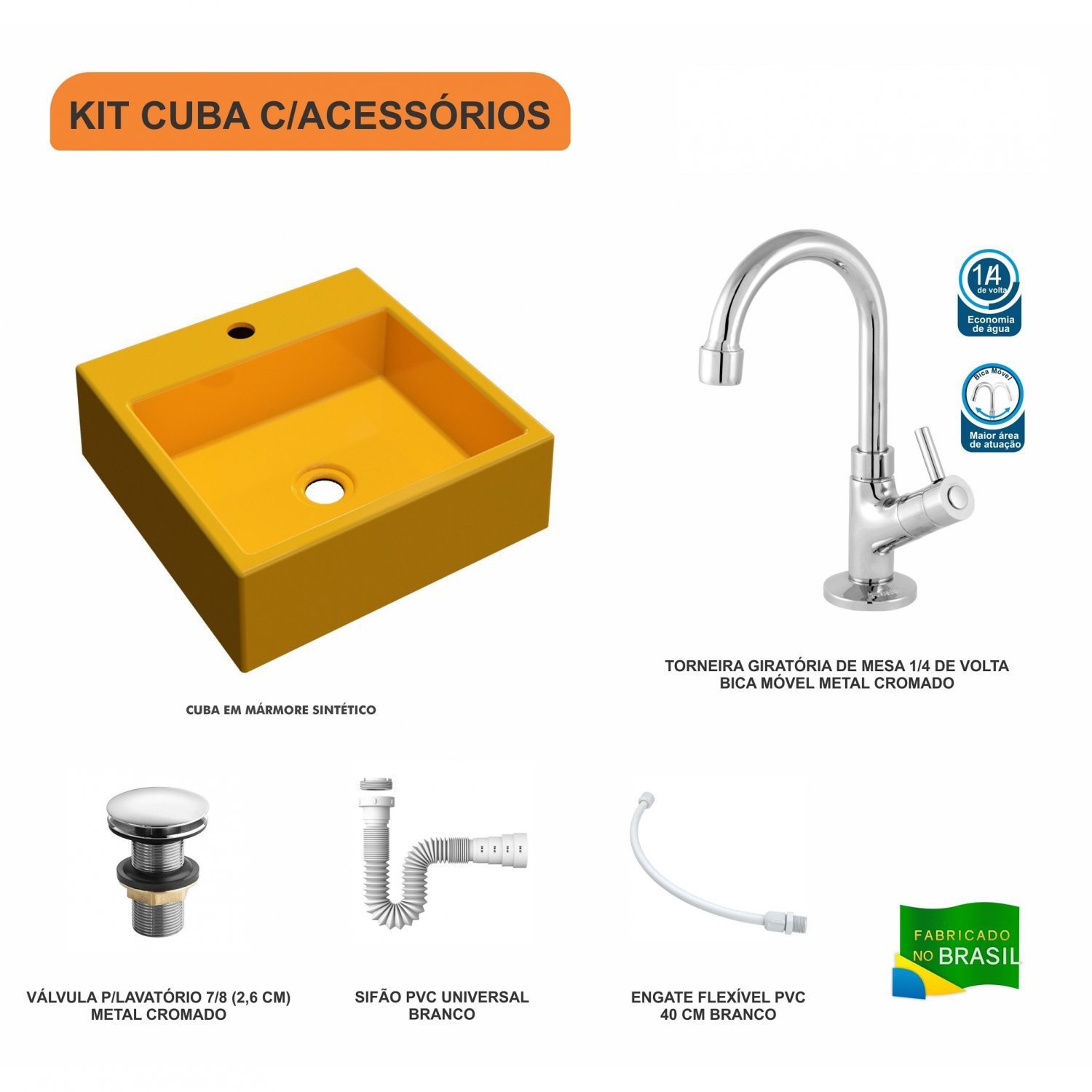 Kit Cuba Q355 com Torneira 1198 Metal e Válvula Click 1"G e Sifão Pvc e Flexível Compace - 3