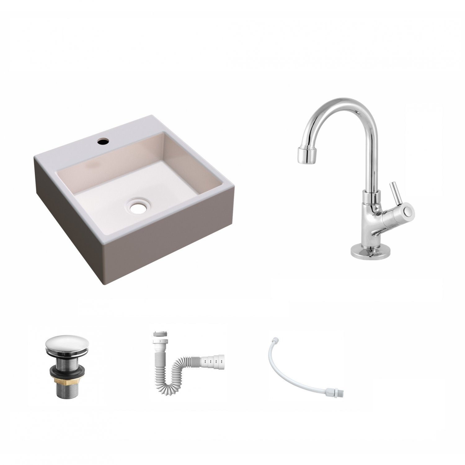 Kit Cuba Q355 com Torneira 1198 Metal e Válvula Click 1"G e Sifão Pvc e Flexível Compace - 2