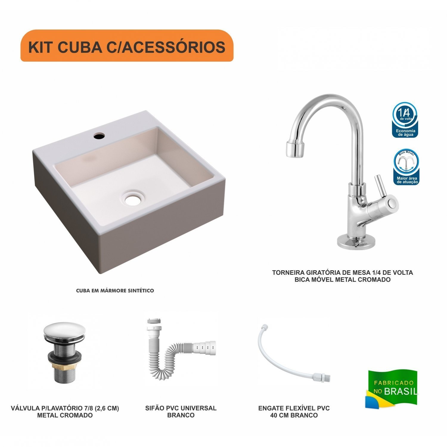 Kit Cuba Q355 com Torneira 1198 Metal e Válvula Click 1"G e Sifão Pvc e Flexível Compace - 3