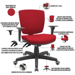 Kit 03 Cadeiras de Escritório Executiva Giratória Preto Baixa Flexi P03 Poliéster Vermelho - Lyam Ly - 4