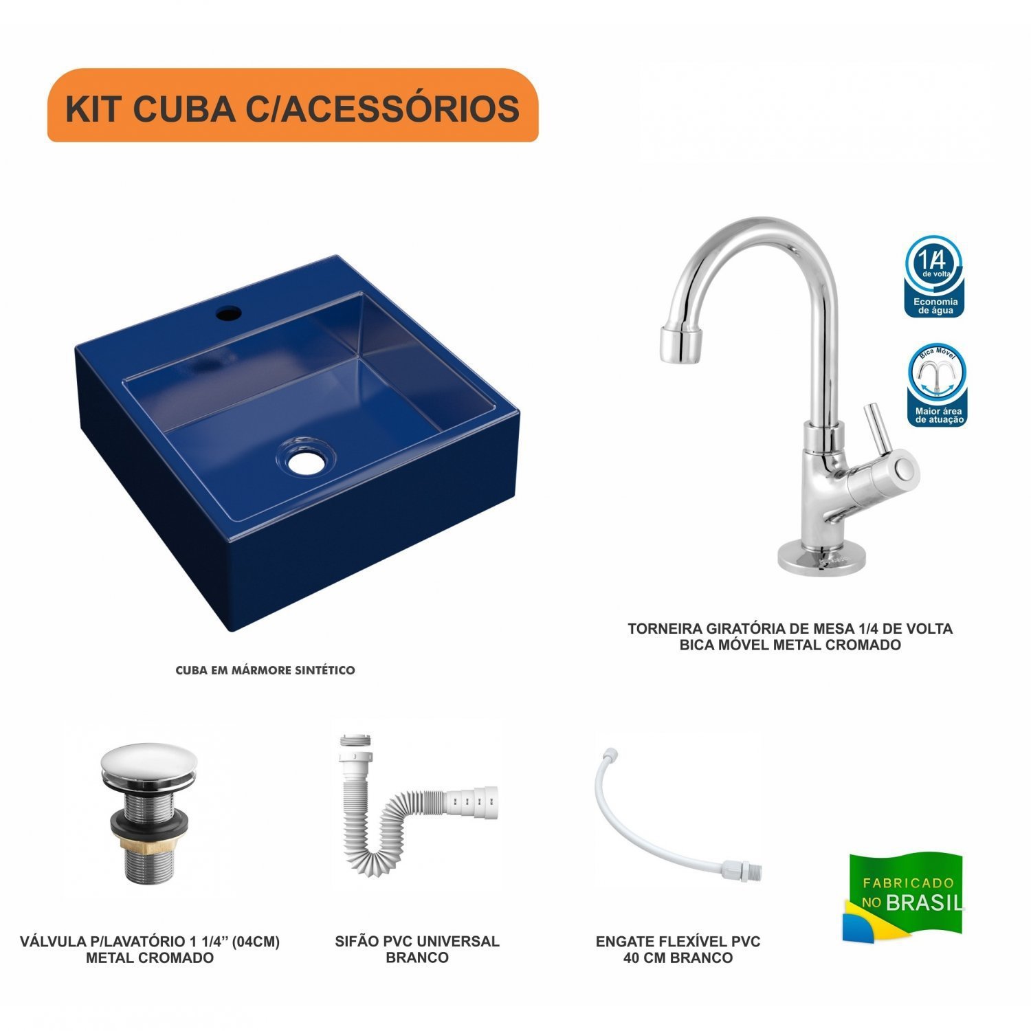 Kit Cuba Q355 Torneira 1198 Metal Válvula Click 1 1/2 Polegada Sifão PVC Flexível Compace - 3