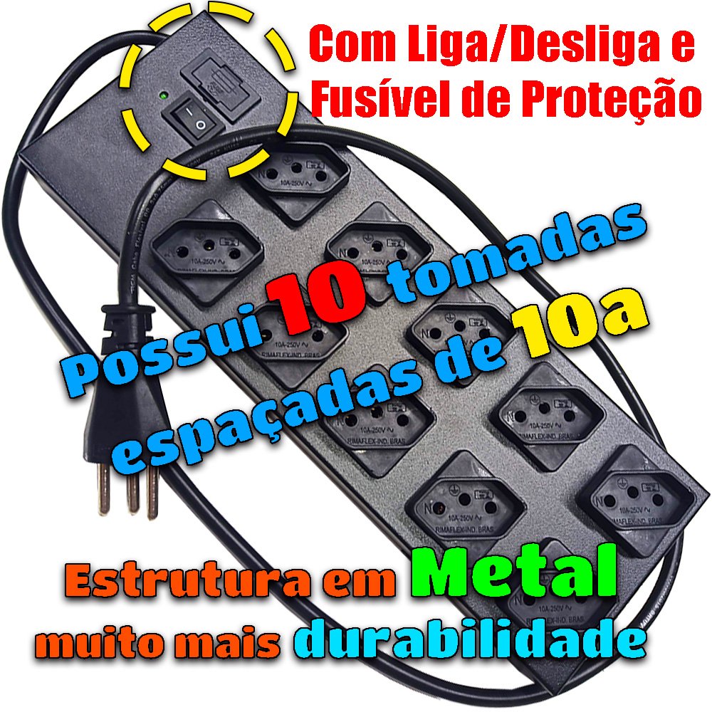 Régua 10 Tomadas Proteção 10a Caixa Metal Piso para Extensão Rack Cftv Liga Desliga - 2