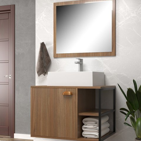 Conjunto Gabinete para Banheiro com Espelheira e Cuba Nassau Marrom/Noce