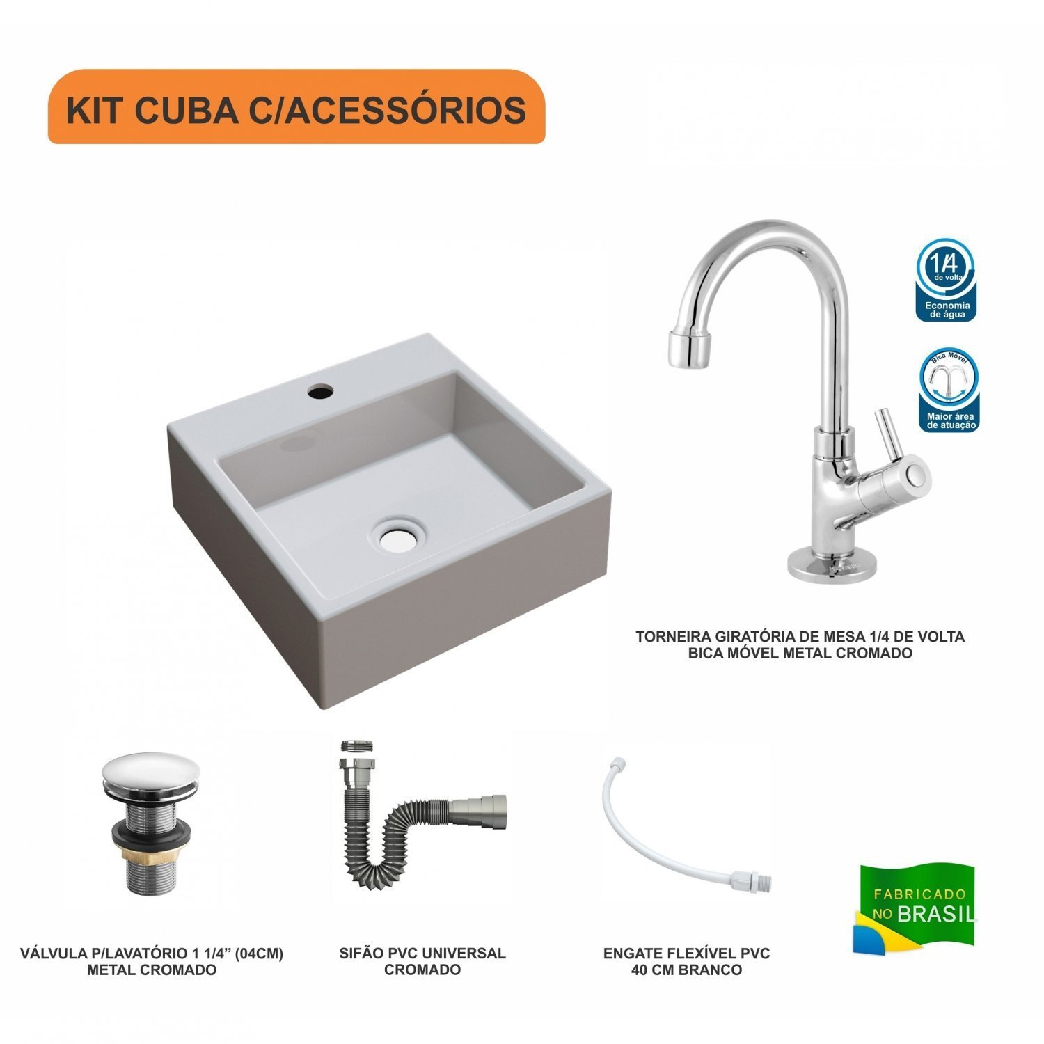 Kit Cuba Q355 Torneira 1198 Metal Válvula Click 1 1/2 Polegada Sifão Cromado Flexível Compace - 3