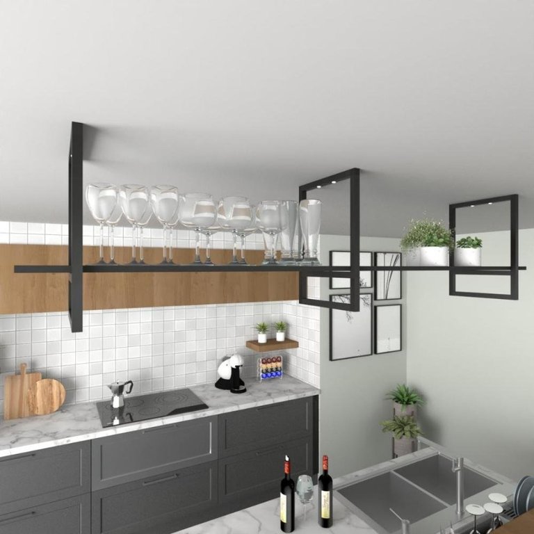 Prateleira Industrial Suspensa para Cozinha - MDF e Nicho Decorativo