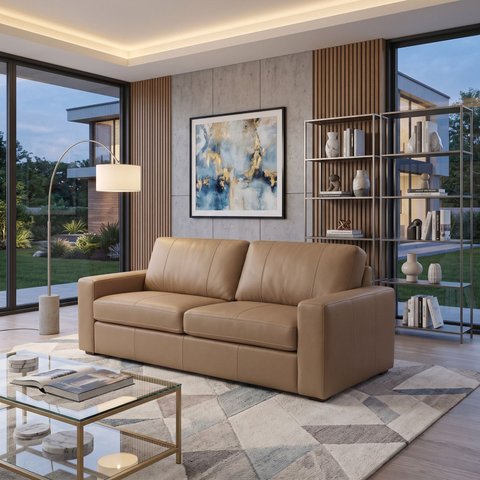 Sofá 3 Lugares Couro Duna Bege Legitimo 235cm Natural Premium Adel Dekorien