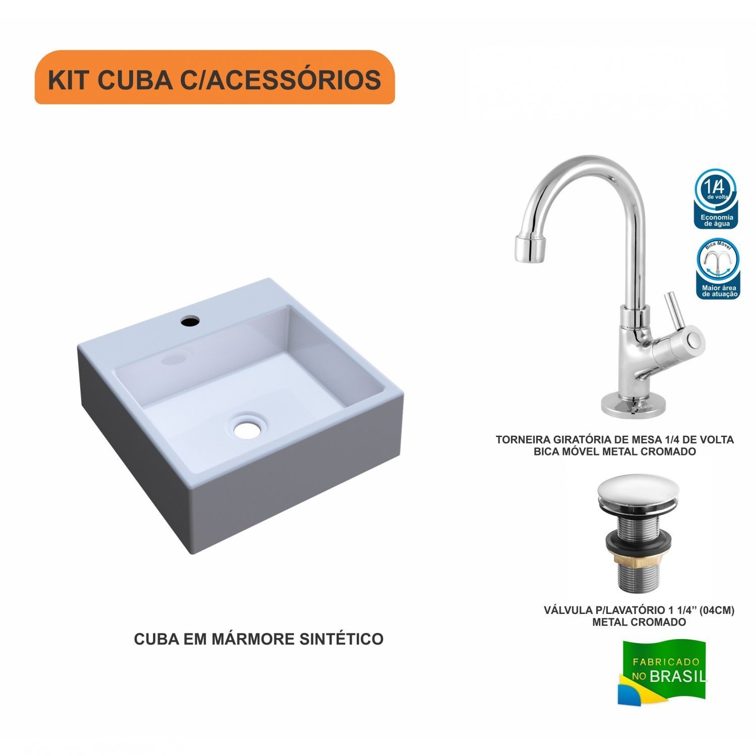 Kit Cuba Q355 com Torneira 1198 Metal e Válvula Click 1 1/2 Polegada Compace - 3