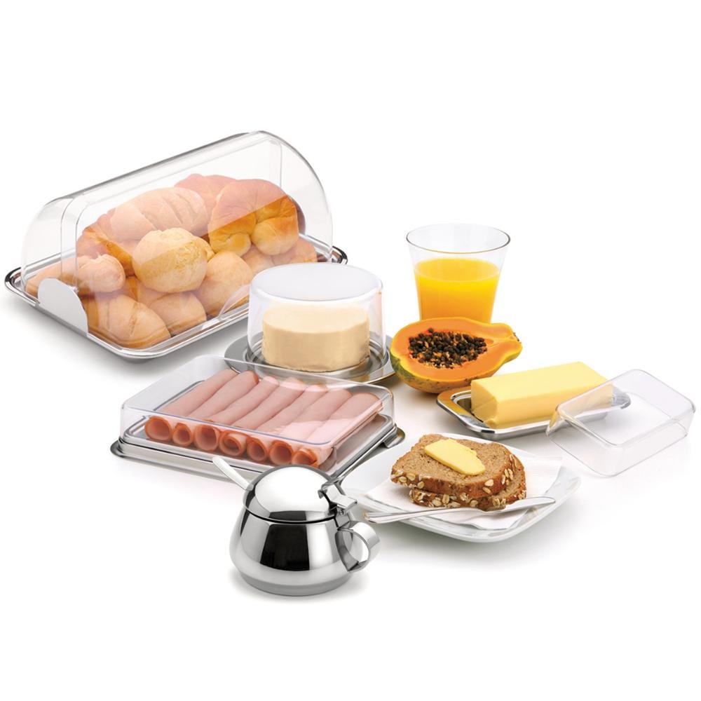 Kit para Café em Aço Inox Queijeira Porta Pão Manteigueira Espátula Açucareiro Porta Frios - 2