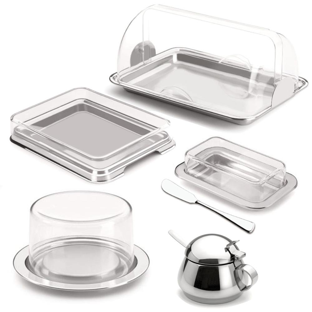 Kit para Café em Aço Inox Queijeira Porta Pão Manteigueira Espátula Açucareiro Porta Frios - 1