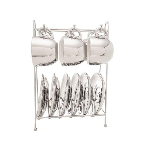 Conjunto 6 Xícaras de Café com Pires de Porcelana e Suporte Versa Branco-prata 90ml - Wolff