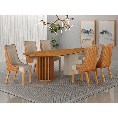 Conjunto Jantar 6 Cadeiras Maciça 1,80x90 Pilar -arbo Design - Cinamomo Linho Palha