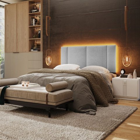 Cabeceira Estofada com Led Luxo Modulado Casal 140 Linho Cinza