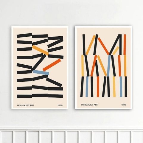Kit 2 Quadros Decorativos Bauhaus Minimalista 24x18cm - com Vidro:moldura Branca