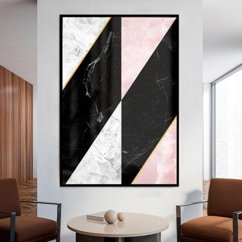 Quadro Decorativo Geométrico Mármore Rosa Moderno em Moldura Caixa Tacolado Moldura Trad 1cm Preta C