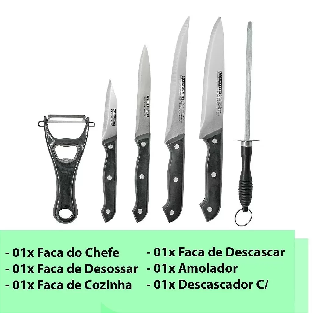 Kit Churrasco 7 Peças Inox Tabua Facas Amolador Descascador - 4