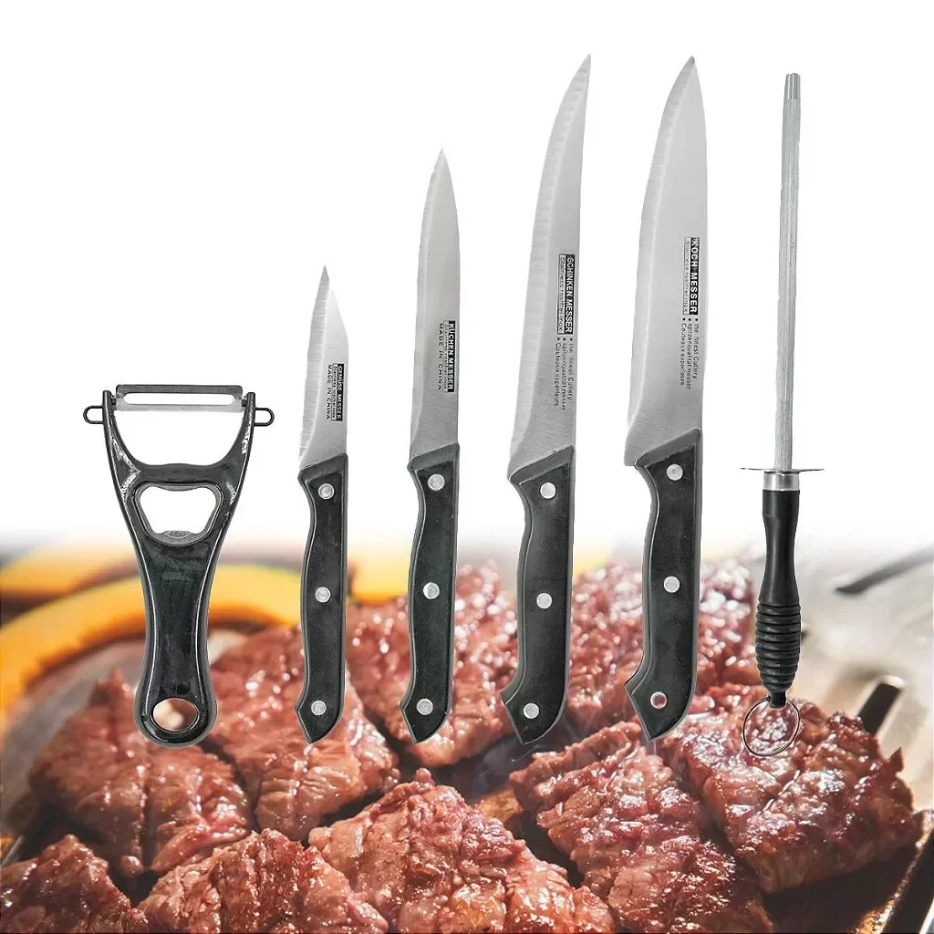Kit Churrasco 7 Peças Inox Tabua Facas Amolador Descascador - 3