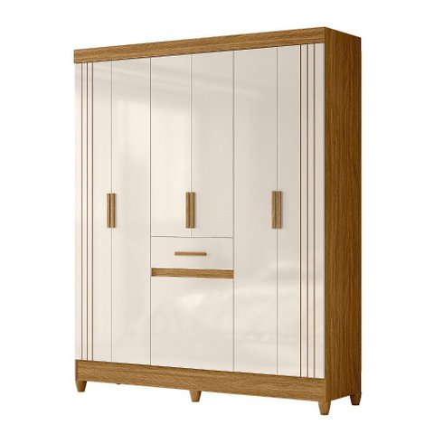 Guarda Roupa Roupeiro Solteiro Roma 7 Portas 1 Gaveta Detalhes Frisados Freijó Off White Moval