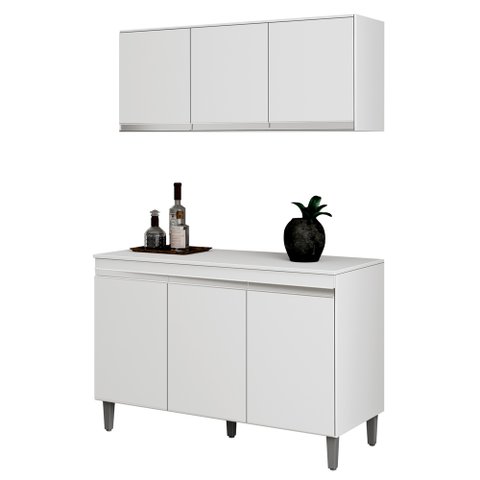 Armário Aéreo e Balcão Gabinete Cozinha Manu 120cm Com Tampo 3 Portas Branco - Abmaza