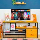 Ver imagem 1 de Rack de TV Style Industrial de Ferro e Madeira 1 Nicho Dual de Madeira com Gavetas Carvalho e Preto
