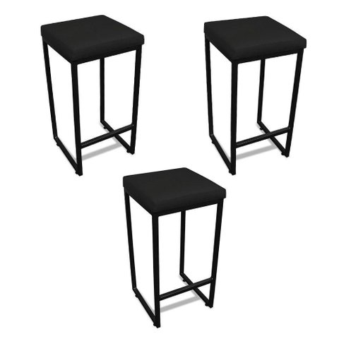 Banqueta Alta para Cozinha Industrial Kit 3 Nick Preto e Sintético preto D03 - D'Rossi