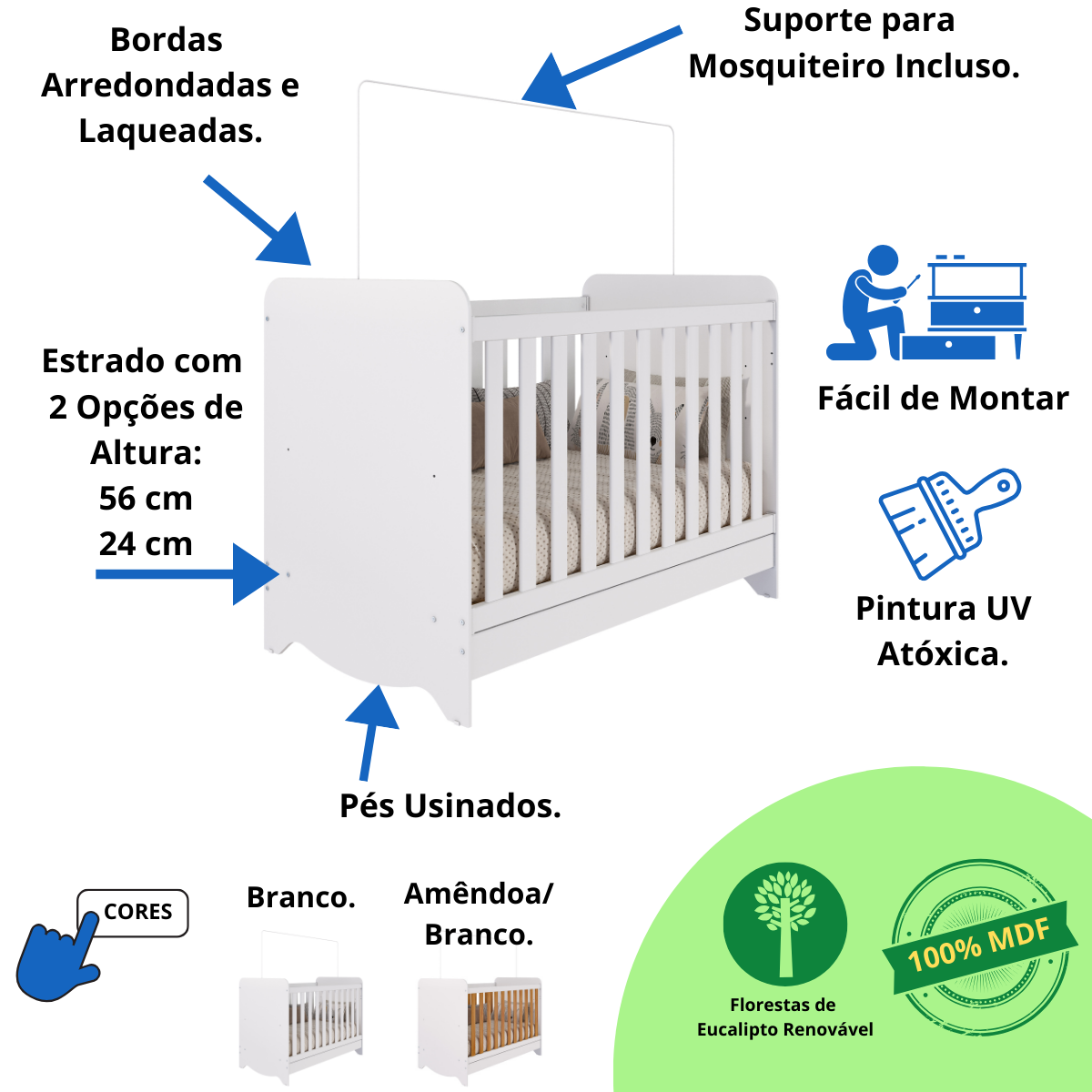 Berço Americano Ben 3 em 1 Mini Cama Mini Sofa Branco Carvalho Móveis Peroba - Branco Brilho - 3