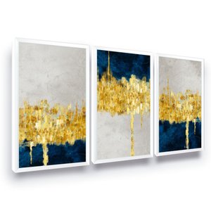 Quadros Abstratos Modernos Azul e Dourado Linhas Ouro