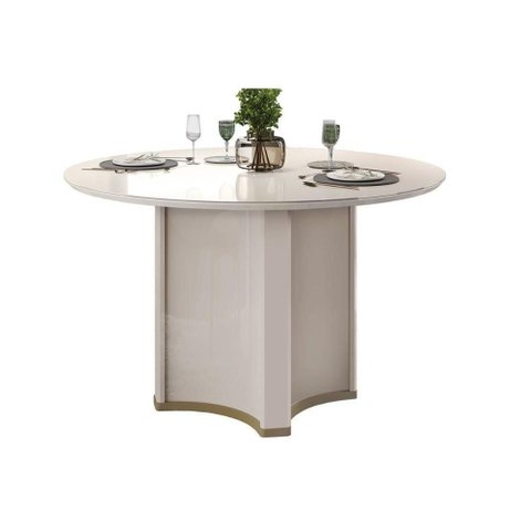 Mesa de Sala Jantar Chanel c/ Tampo Madeirado c/ Vidro Redondo 136x136cm Off White/Off White - Dj m