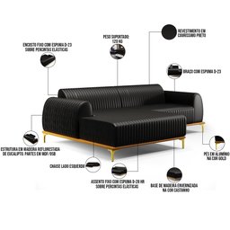 Sofá 4 Lugares com Chaise Esquerdo Sala Estar Molino 255cm D02 Couríssimo Preto B-159 - Lyam - 4