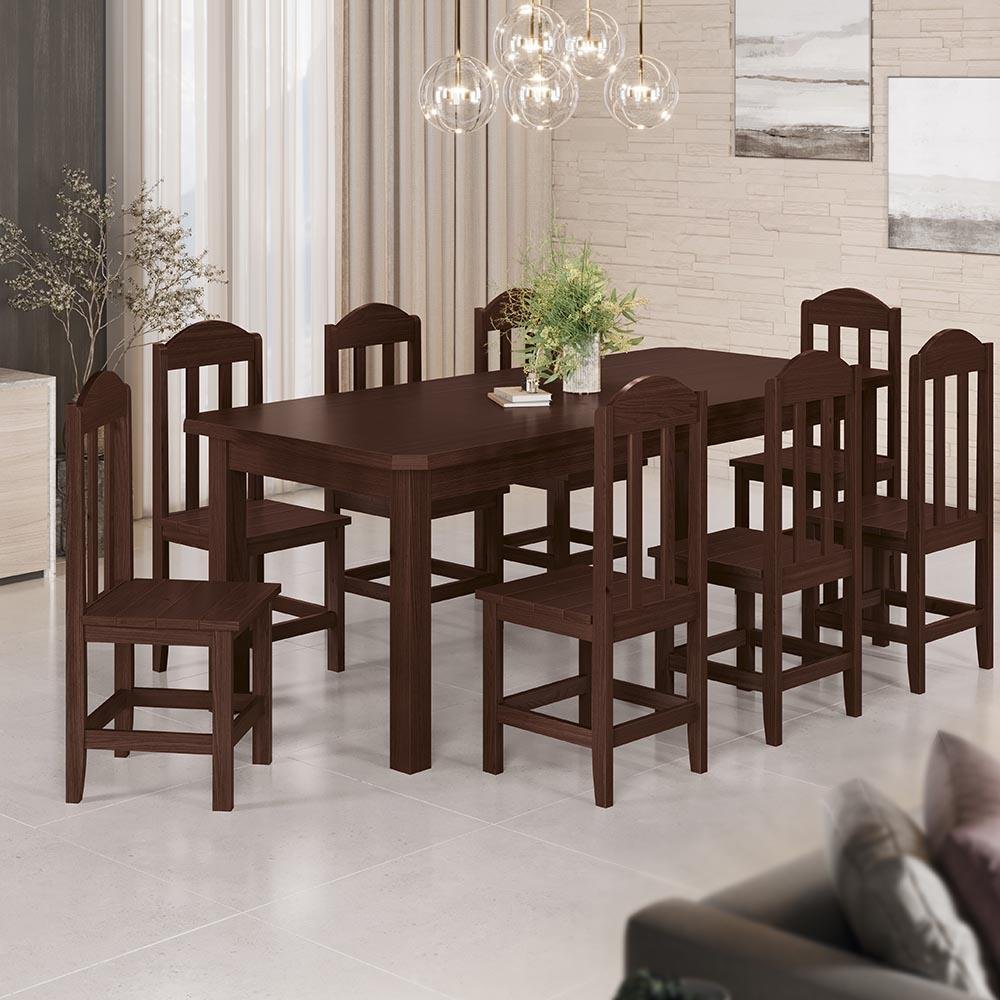 Conjunto Mesa com 8 Cadeiras em Madeira Maciça 200cm Castanho Safira Shop Jm