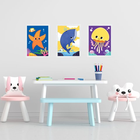 Kit 3 Quadros Quarto Infantil Tema Animais Marinhos 45x34cm:moldura Branca