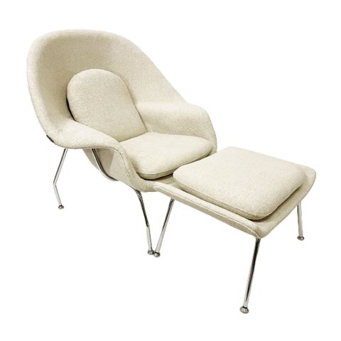 Poltrona para Sala Womb Chair com Puff Tecido Boucle Bege Luxo Poltronas do Sul