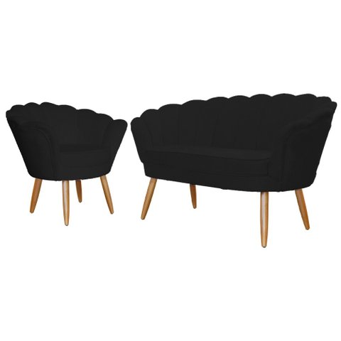 Kit Namoradeira + 1 Poltrona Decorativa Pétala Couro Preto Pés Madeira Ms Decor