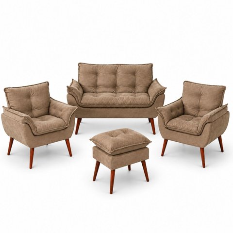 Kit Sofá Namoradeira + 2 Poltronas + Puff para Sala de Estar Capuccino