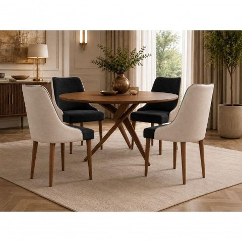 Conjunto de Jantar Catânia 4 Lugares Tampo em MDF com Cadeiras Estofadas em Duas Cores Cinamomo