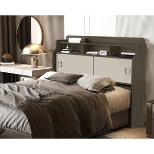 Cabeceira Box Casal Jessica com 2 Portas Nicho e Prateleira Moderna para Quarto: Castanho Offwhite