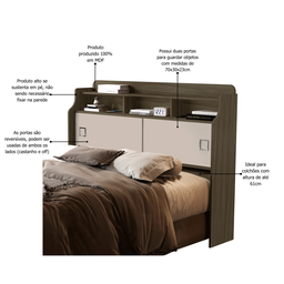 Cabeceira Box Casal Jessica com 2 Portas Nicho e Prateleira Moderna para Quarto: Castanho Offwhite - 4