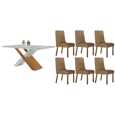 Conjunto: Mesa Sala Jantar Imperatriz Tampo c/ Vidro Curvo 180cm+6 Cadeiras Dakota Madeira Naturale/