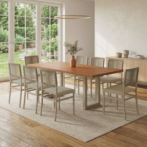 Conjunto Sala de Jantar Mesa 8 Cadeiras Tampo de Madeira Maciça Ravena Viena Bege Corda Rami/Pérol