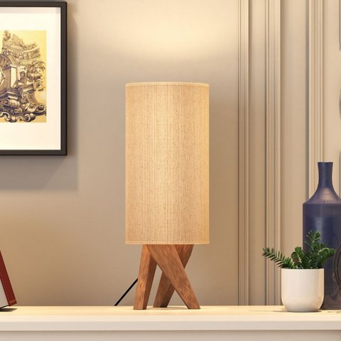 Abajur de Mesa Viena em Tecido Premium e Pés de Madeira:bege