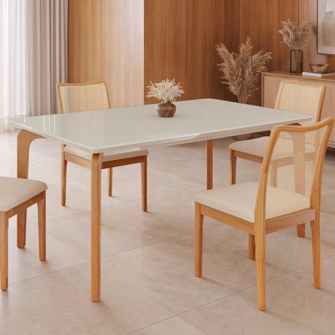 Mesa para Sala de Jantar 180x100cm Pés Madeira Maciça e Tampo MDF Off com Vidro Off Honda