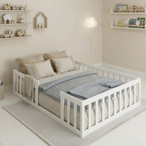 Cama Montessoriana Casal em Madeira Maciça Branco