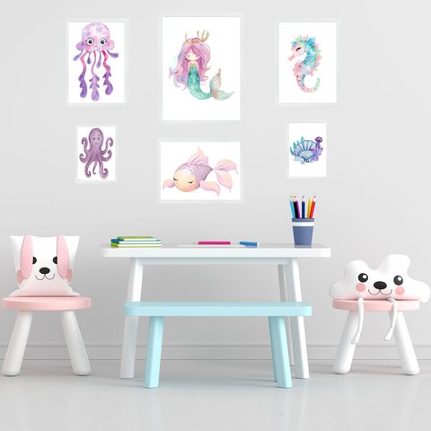 Kit 6 Quadros Quarto Infantil Menina - Fundo do Mar - com Vidro:moldura Branca