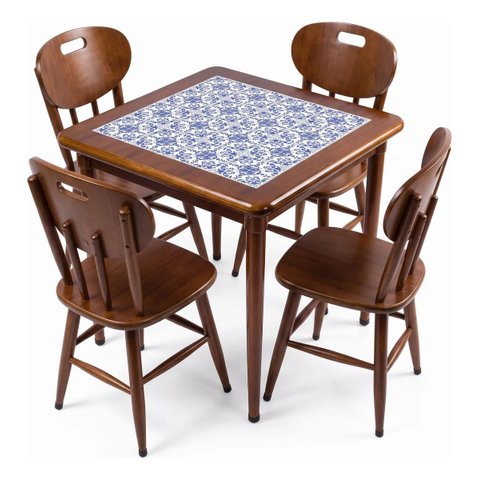 Conjunto Mesa Jantar Quadrada 80x80cm Madeira + 4 Cadeiras Cozinha - Azulejo Português - Natural