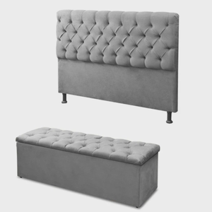 Kit Cabeceira com Baú Mirage Capitonê 160 cm Suede Cinza - Biselo's Decor